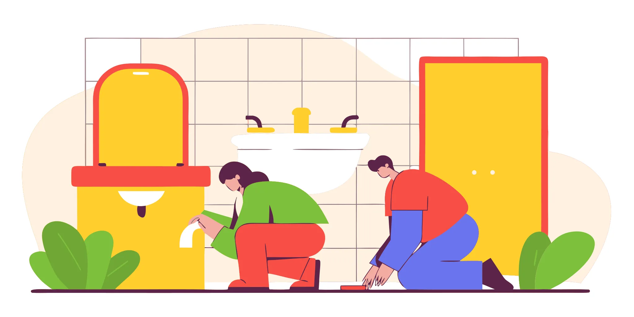 Roundish flat vector illustration showing a plumber inspecting signs of a broken sewer line in a modern home bathroom.