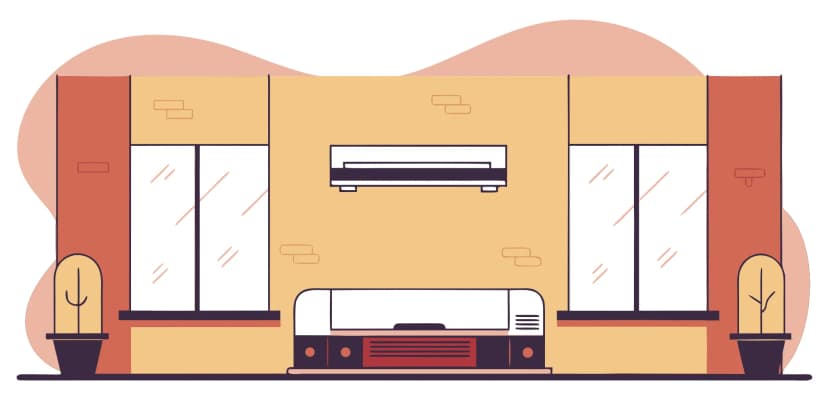 Wall-mounted air conditioner in a living room that is not cooling.