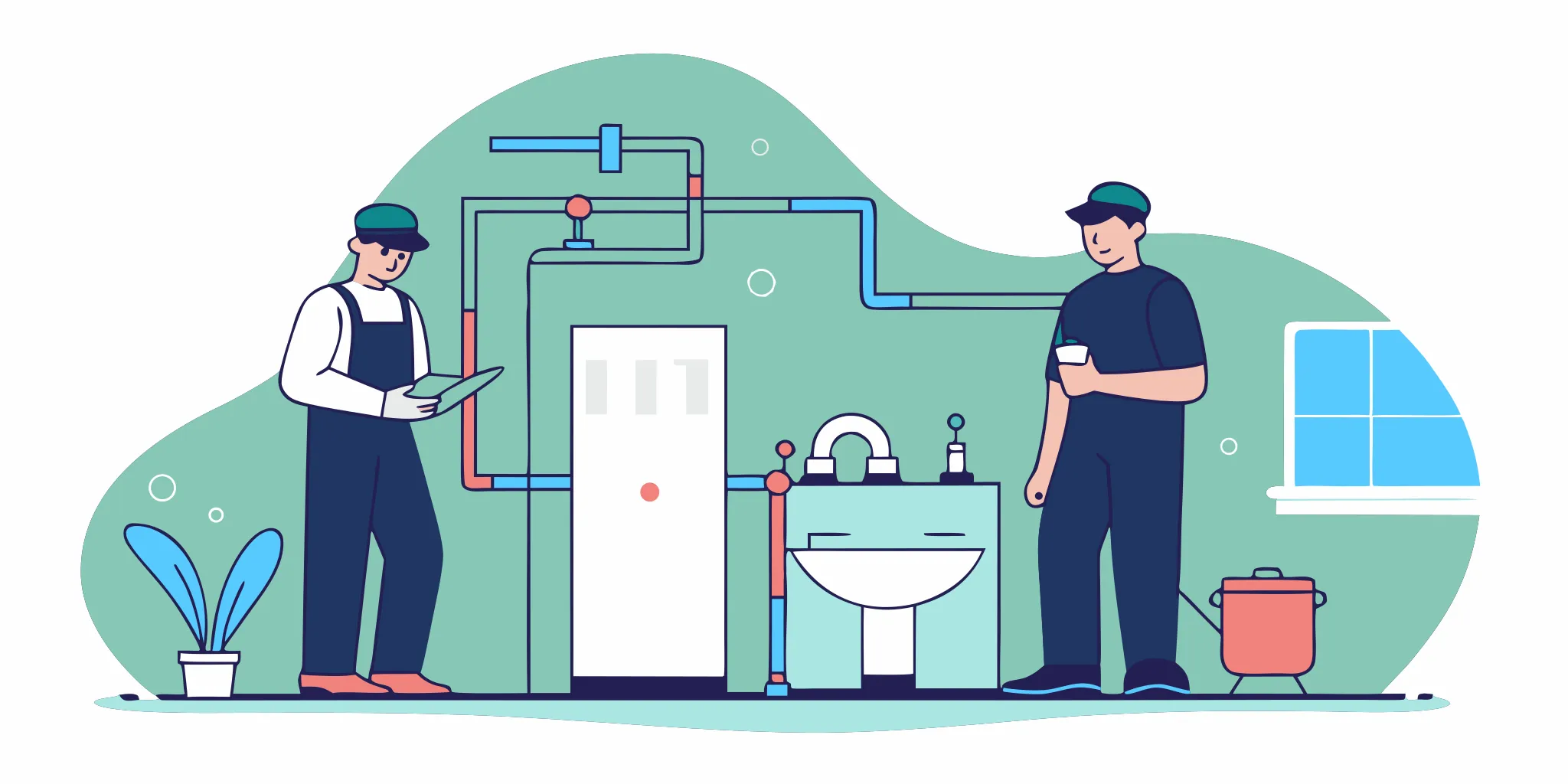 AC repair technicians inspecting pipes under a sink for a related plumbing problem.