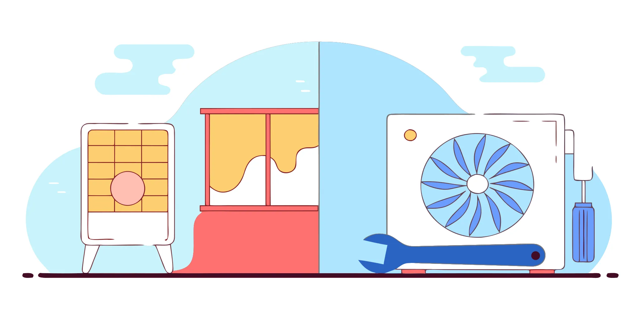 Air conditioner repair vs. replace decision with an AC unit and tools.