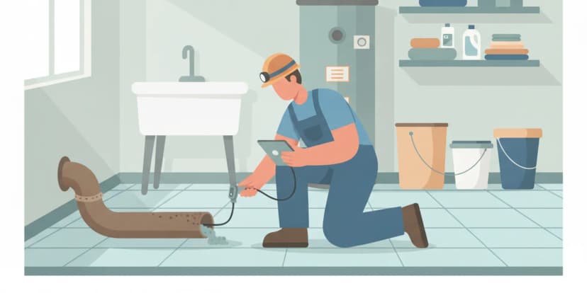 Technician examining an older cast iron pipe during a property inspection