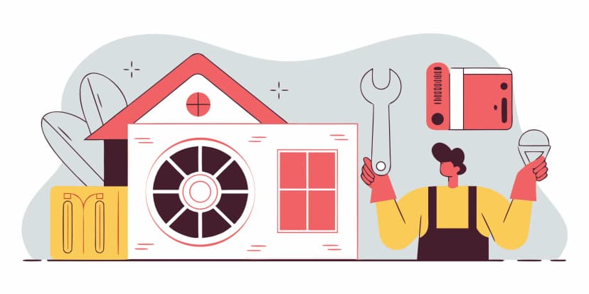 A person performs a DIY cooling repair on an AC unit, holding a wrench and a new air filter.
