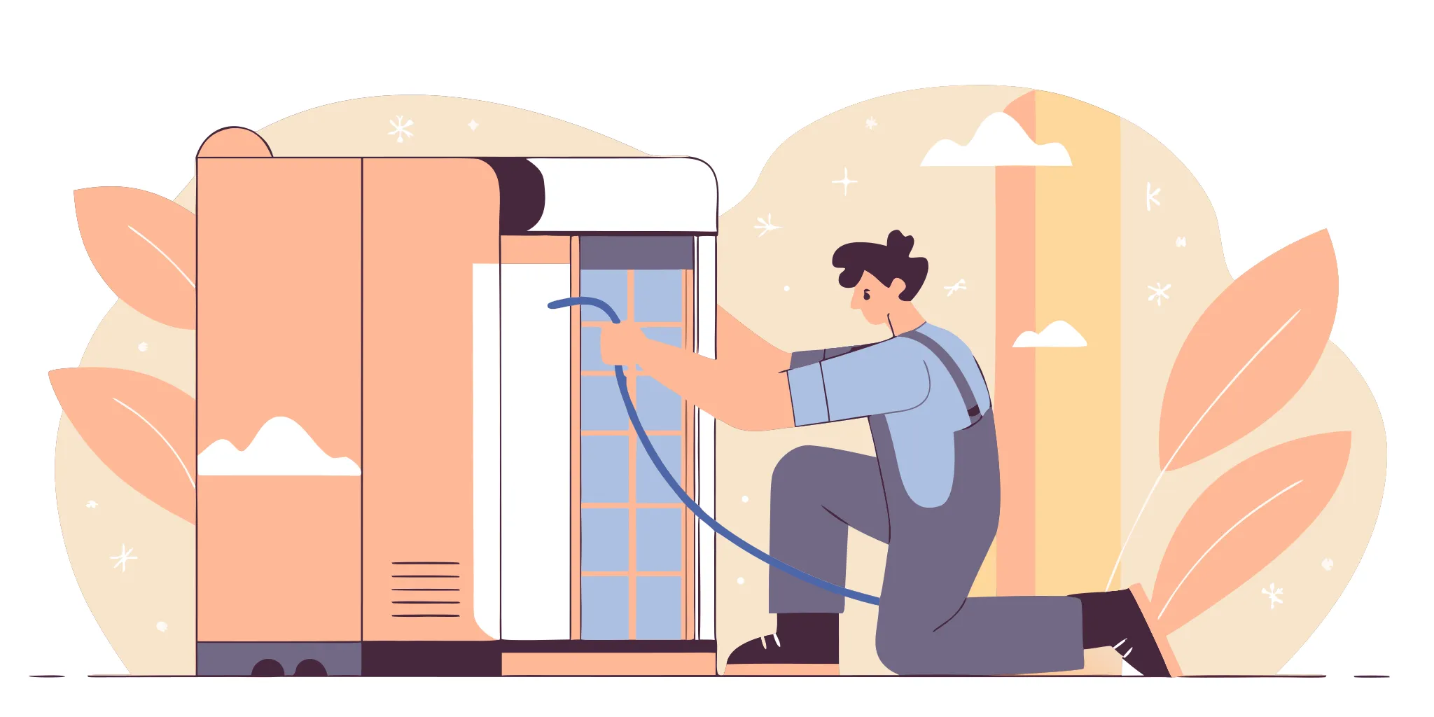 Technician performing a frozen AC coil repair with tools.