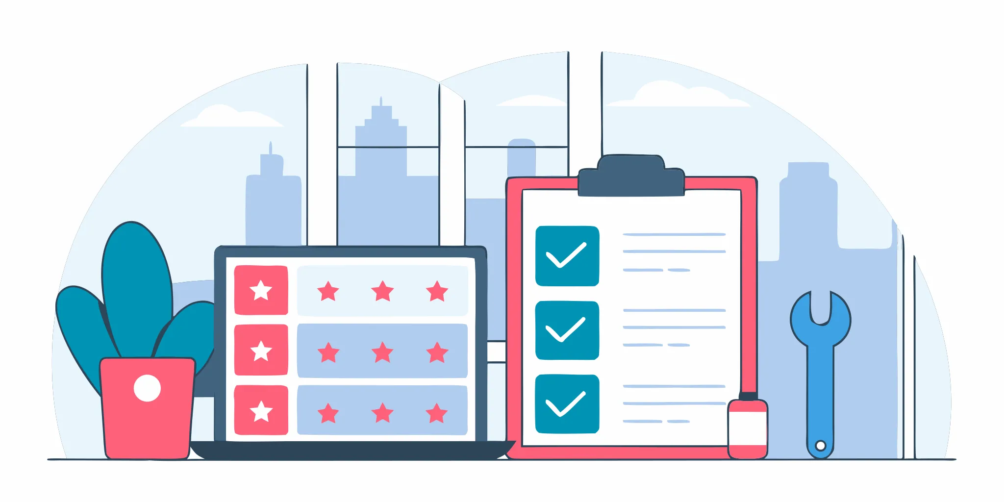 Laptop with star ratings, a checklist, and a wrench for choosing the best AC repair company.
