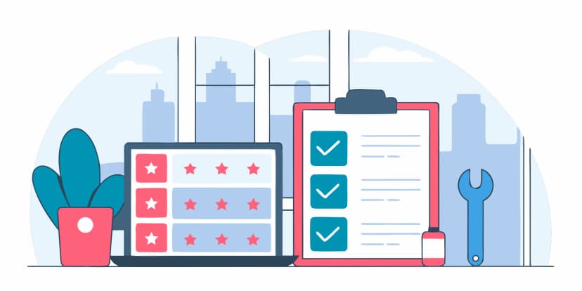 Laptop with star ratings, a checklist, and a wrench for choosing the best AC repair company.