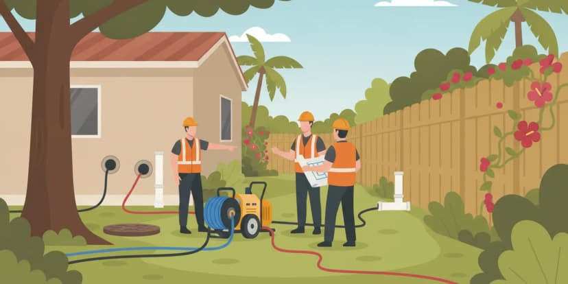 Pipe bursting equipment positioned along a narrow side yard beside a home