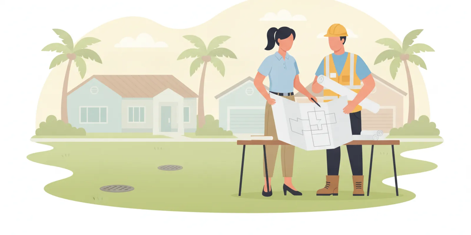 A property manager and contractor reviewing a sewer rehabilitation plan beside a residential community