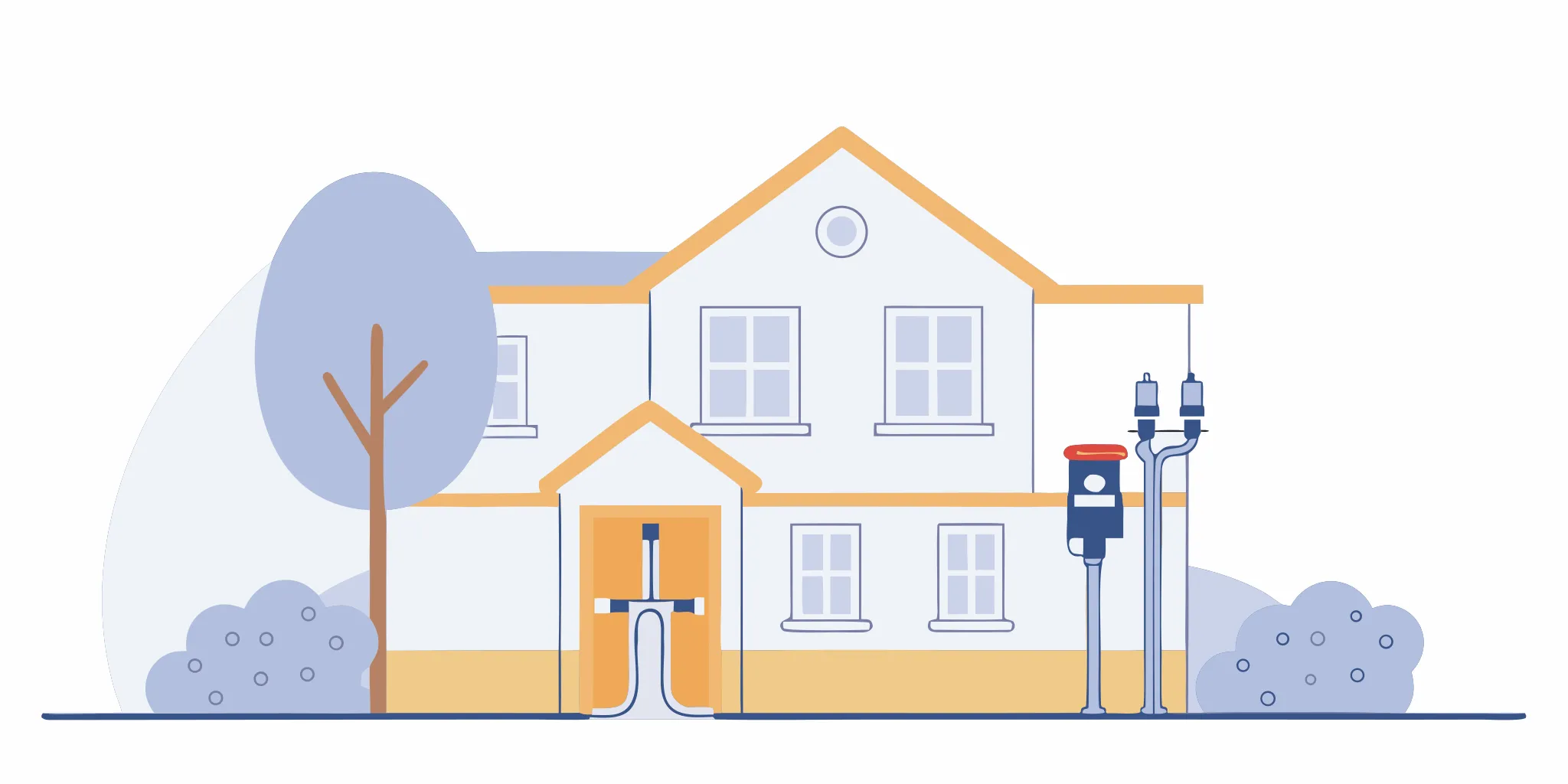 Flat vector illustration of tree roots invading an underground sewer line with a camera inspection.