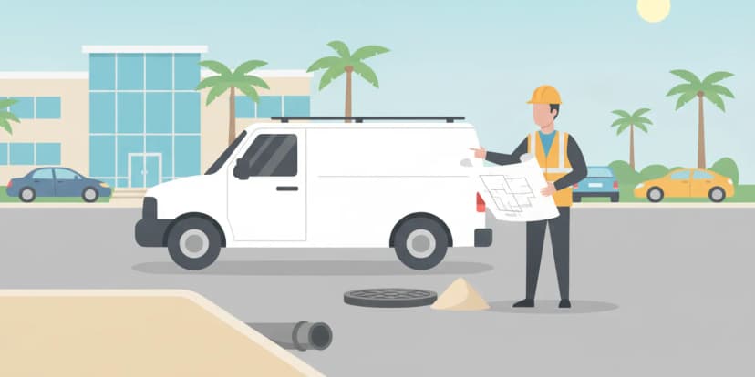 Pipe inspection and repair work planned beside a paved commercial parking lot