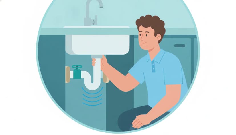 Vector illustration of a homeowner checking a vibrating water pipe under a sink